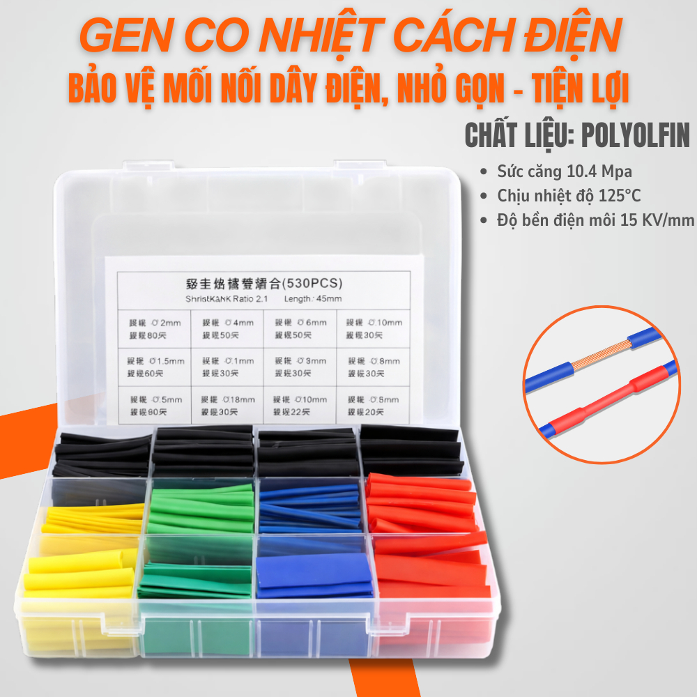 Hộp 530 Chiếc Gen co nhiệt cách điện đóng hộp tiện lợi đa năng dùng để bọc dây điện thoại, dây điện