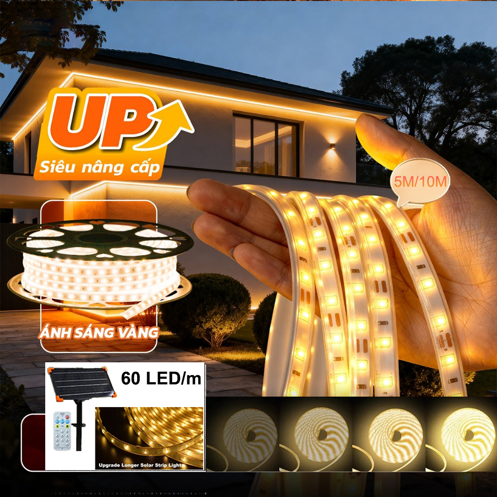COD Đèn LED Dây Năng Lượng Mặt Trời IP68, 60 LED/m, 5M 10M, Trang Trí Ban Công Sân Vườn Quán Cafe