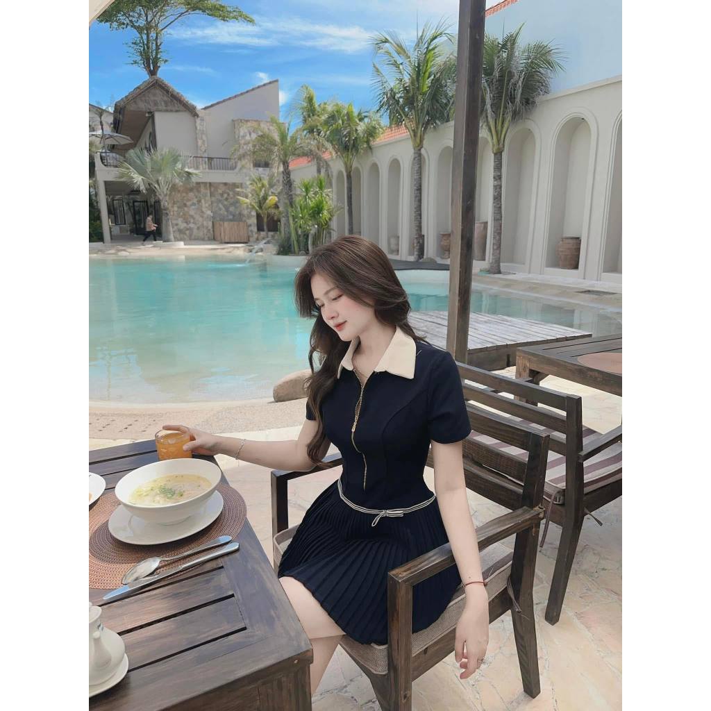 Đầm nữ, váy nữ DONNA HCOM25824 cổ bẻ cộc tay chân váy xếp ly xoè tiểu thư, xinh xắn