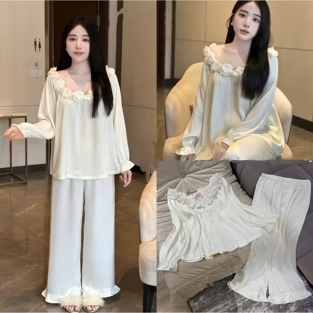 Set đồ ngủ lụa cát, mặc nhà dáng tiểu thư phối bông hồng cực xinh [Mã #TP16]