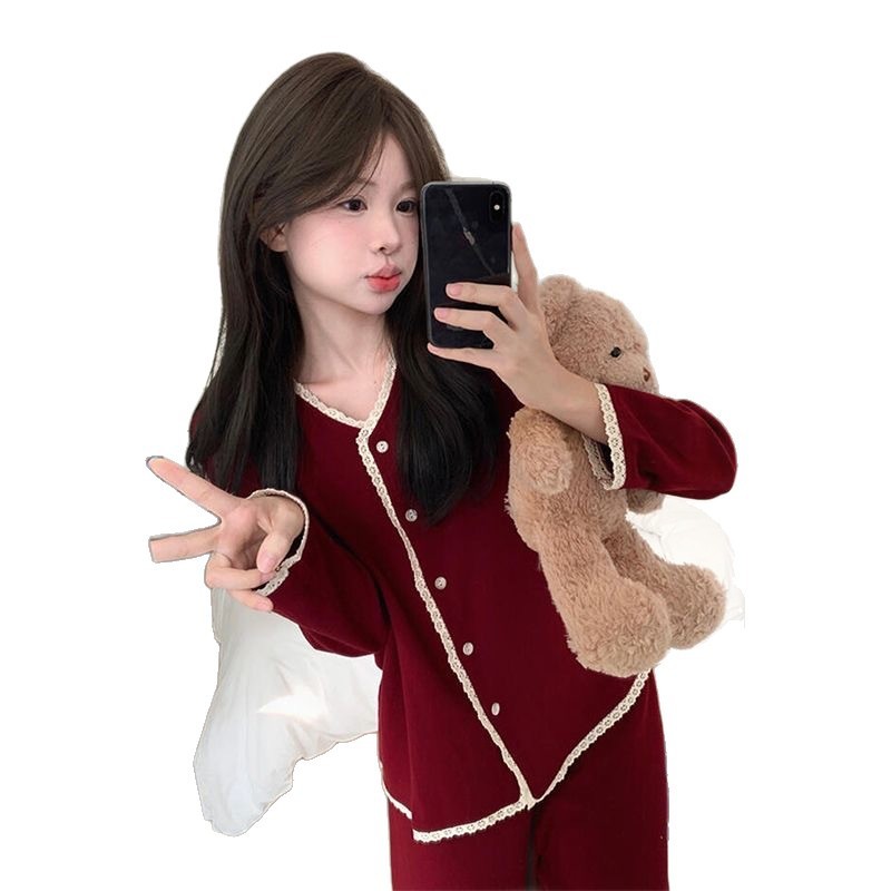 [Order] Bộ đồ ngủ nữ đỏ, xám phối viền ren bán chạy nhất, kiểu , áo khoác cardigan ren dài tay ấm áp 2026
