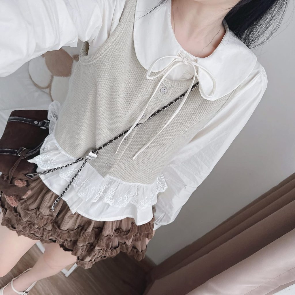Set đồ nữ, đồ bộ nữ DONNA HCOM26779 3 chi tiết áo sơ mi dài tay phối áo gile mix chân váy tầng xoè