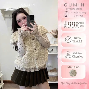Set áo gile GUMIN thiết kế gồm áo khoác lông cừu mix áo len chấm bi phối bèo tiểu thư sang chảnh cao cấp