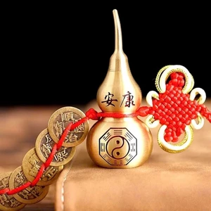 Dây treo phong thủy hồ lô bát quái bằng đồng, kết hợp xu ngũ đế – treo cửa chiêu tài, trấn trạch(tặng cát chu sa)