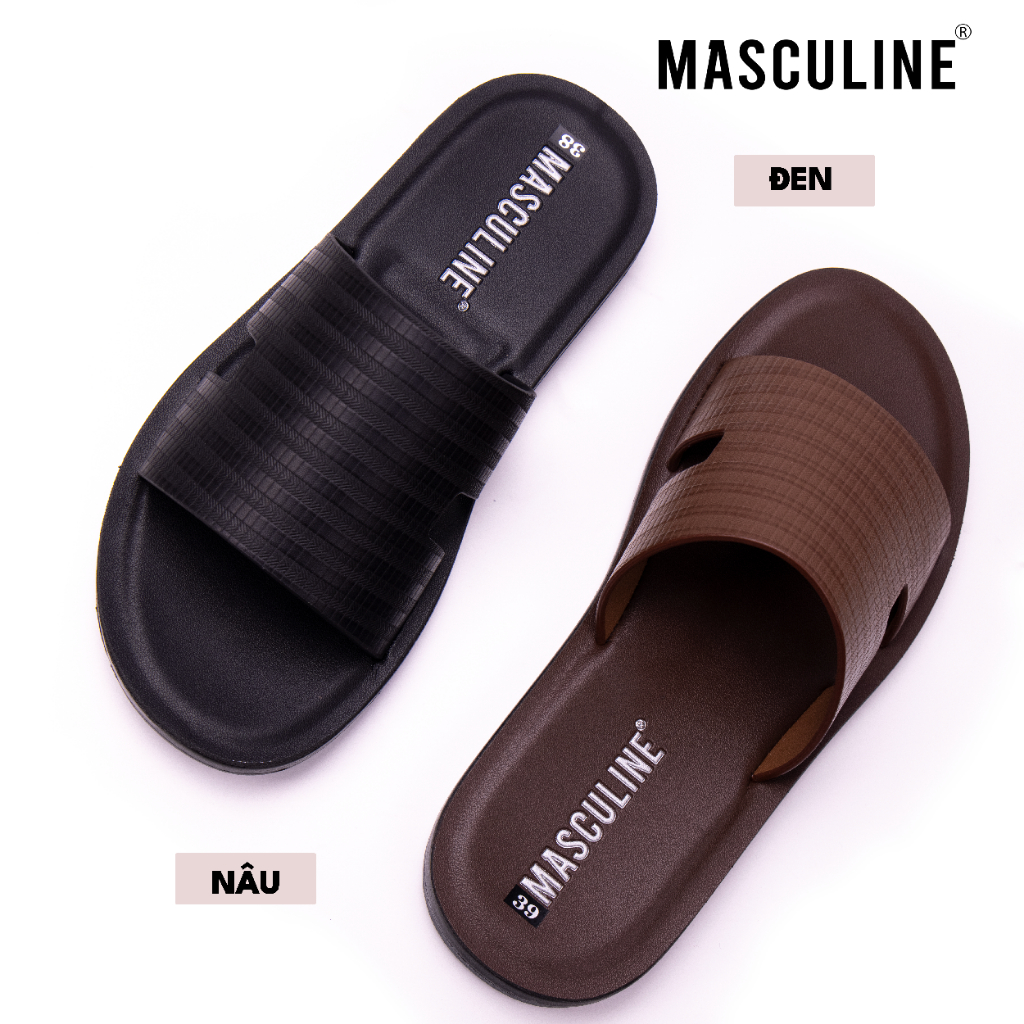 Dép da nam cao cấp MASCULINE MDL608 Quai ngang da bò thật đế PU êm nhẹ chống trơn trượt