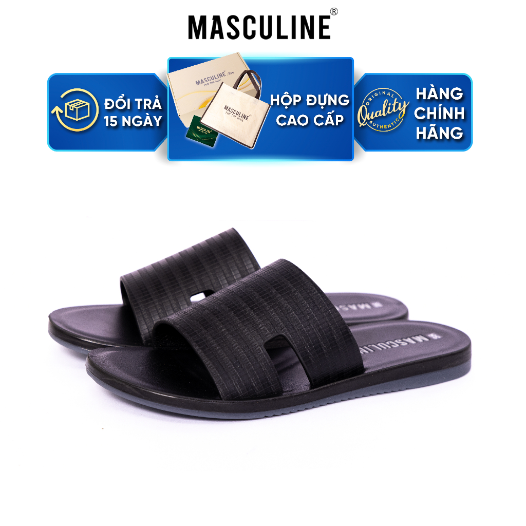 Dép da nam cao cấp MASCULINE MDL608 Quai ngang da bò thật đế PU êm nhẹ chống trơn trượt