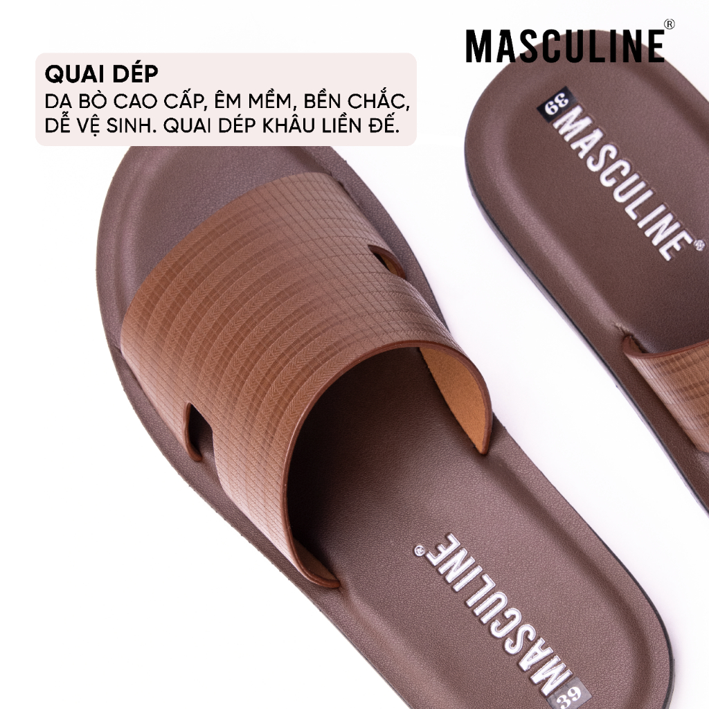 Dép da nam cao cấp MASCULINE MDL608 Quai ngang da bò thật đế PU êm nhẹ chống trơn trượt
