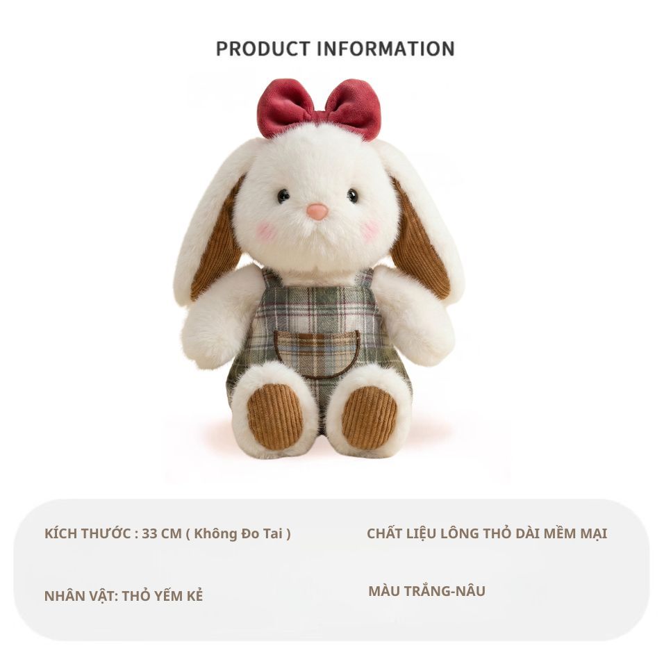 Gấu Bông Thỏ Đeo Yếm Kẻ Lông Tuyết Trắng Siêu Dễ Thương, Thỏ Bông Má Hống Đáng Yêu 33Cm Quà Tặng Cho Bé,Bạn Gái