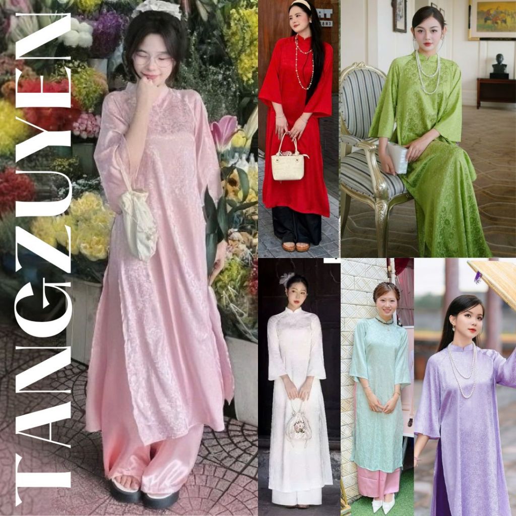 Set áo dài cách tân suông gấm hoa tay lỡ cao cổ + Quần ống rộng lụa mỹ basic truyền thống lễ Tết ăn hỏi T1459G