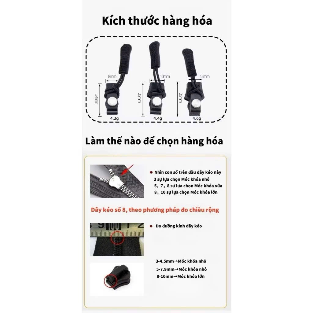 Khóa Dây Kéo Cao Cấp – 3 Size Nhỏ Vừa To – Phù Hợp Balo, Vali, Quần Áo