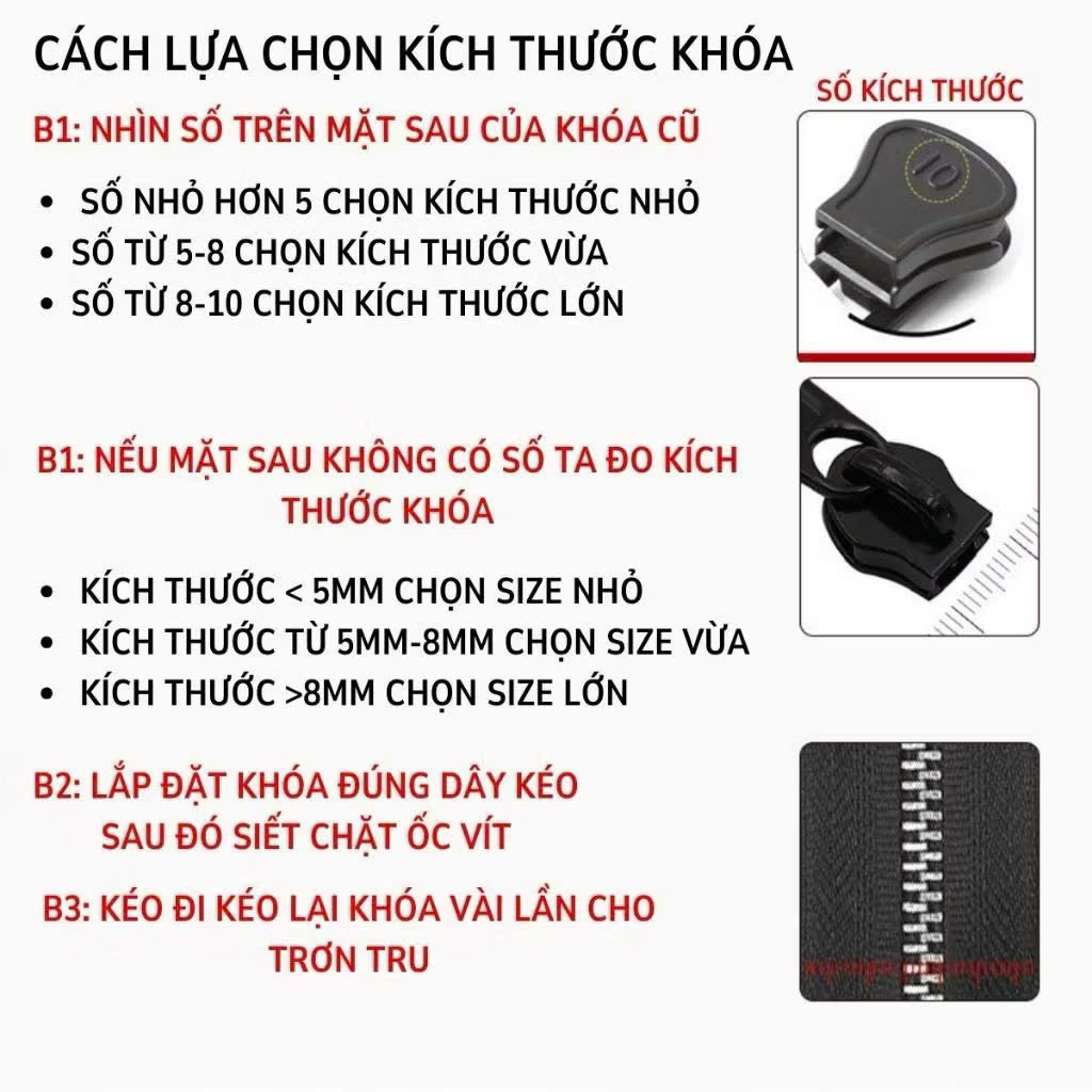 Khóa Dây Kéo Cao Cấp – 3 Size Nhỏ Vừa To – Phù Hợp Balo, Vali, Quần Áo