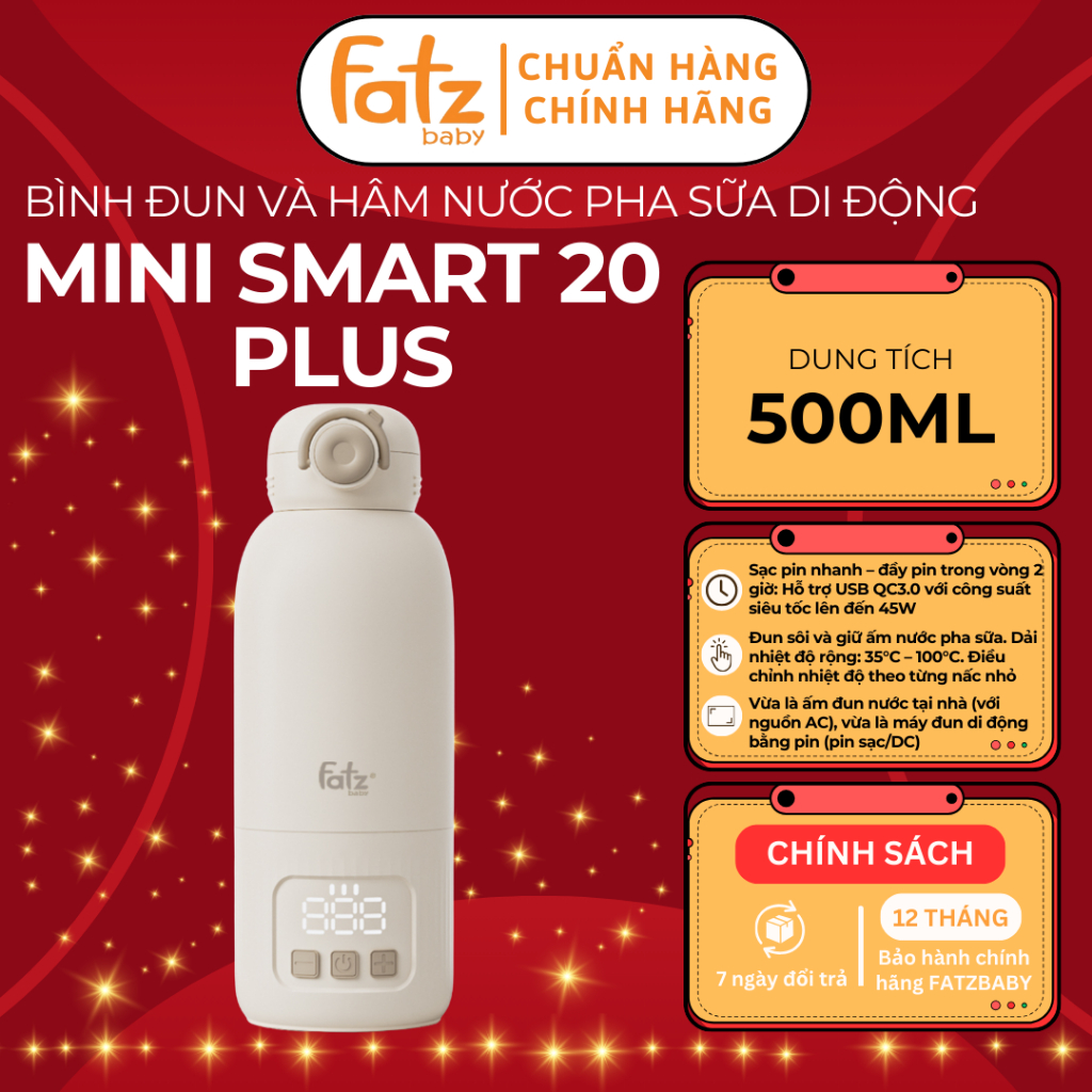 Máy đun và hâm nước pha sữa di động FATZ BABY Mini Smart 20 Plus dùng pin sạc/DC, dung tích 500ml