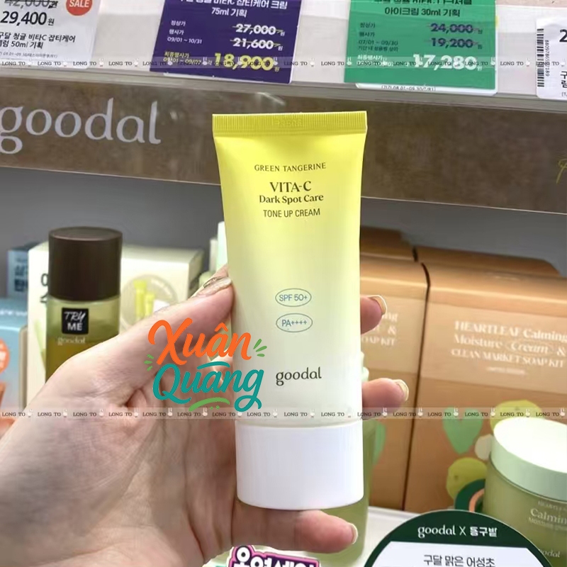 Kem chống nắng làm dịu độ ẩm GOODAL Heartleaf 50ml / VC Tone Up Suncream / Calming Tone Up Sun cream