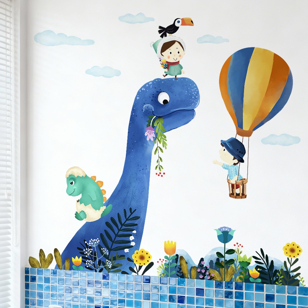 Decal Dán Tường Khủng Long Xanh Và Bé Khám Phá Thế Giới Có Keo Sẵn 103x95cm - Trang Trí Phòng Cho Bé