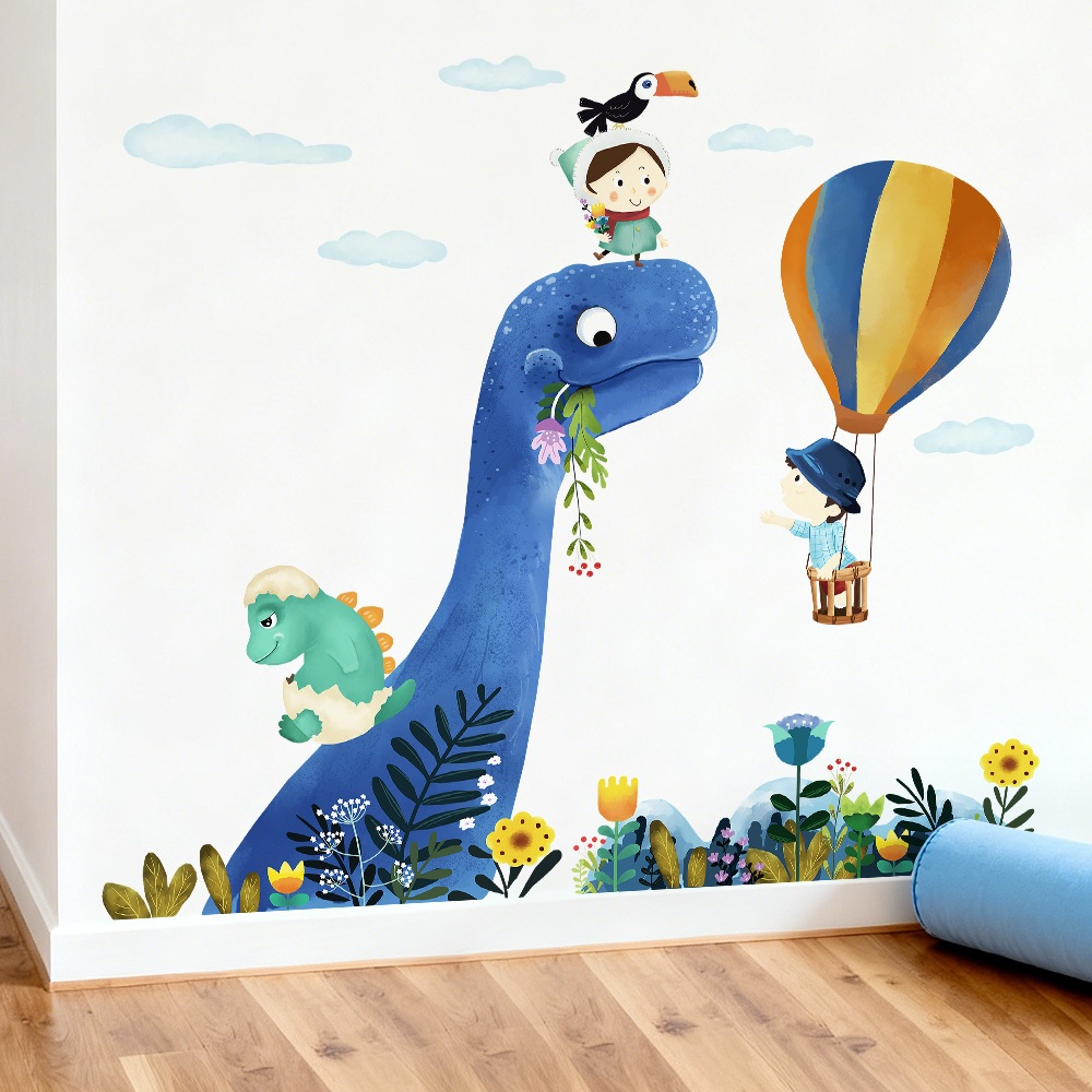 Decal Dán Tường Khủng Long Xanh Và Bé Khám Phá Thế Giới Có Keo Sẵn 103x95cm - Trang Trí Phòng Cho Bé