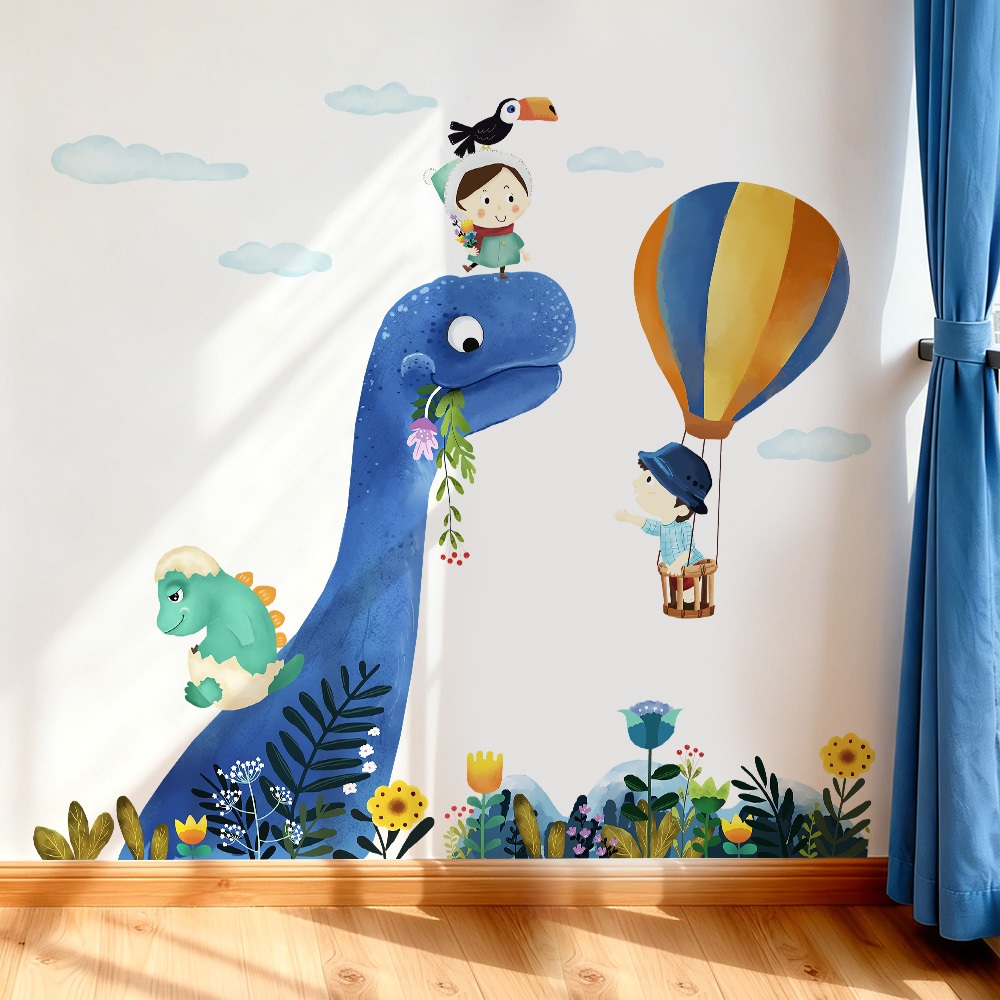 Decal Dán Tường Khủng Long Xanh Và Bé Khám Phá Thế Giới Có Keo Sẵn 103x95cm - Trang Trí Phòng Cho Bé