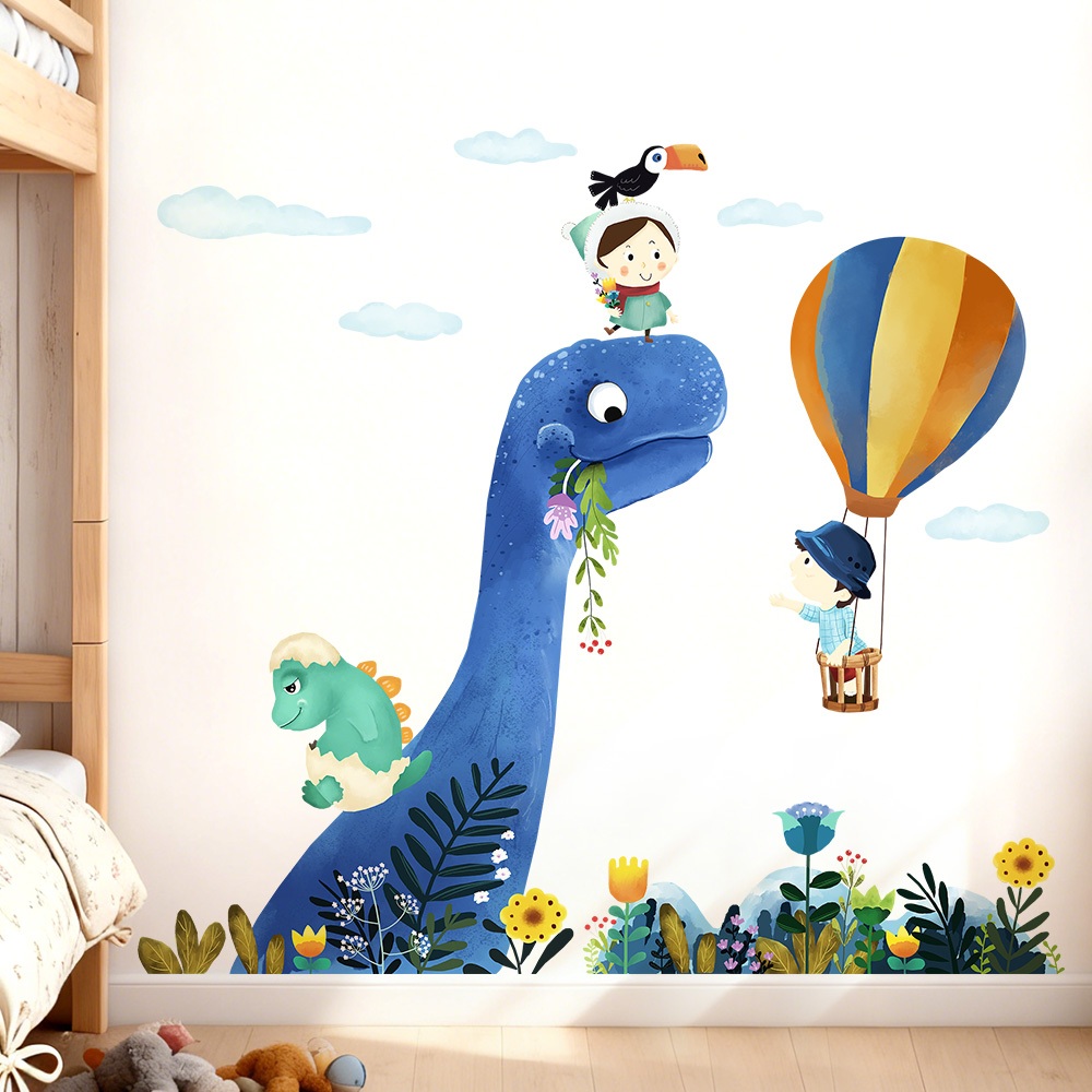 Decal Dán Tường Khủng Long Xanh Và Bé Khám Phá Thế Giới Có Keo Sẵn 103x95cm - Trang Trí Phòng Cho Bé