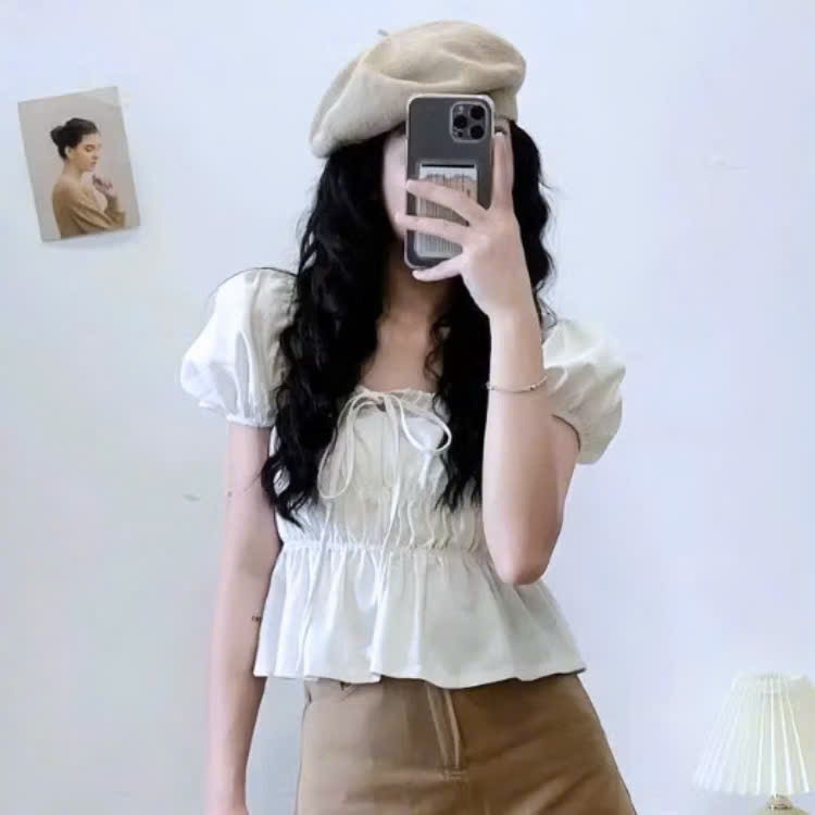 [HÀNG CAO CẤP] Áo Nữ Babydoll ngắn tay kiểu tay phồng vải chéo hàn cao cấp hottrend 2026-Decci.clother | BigBuy360 - bigbuy360.vn