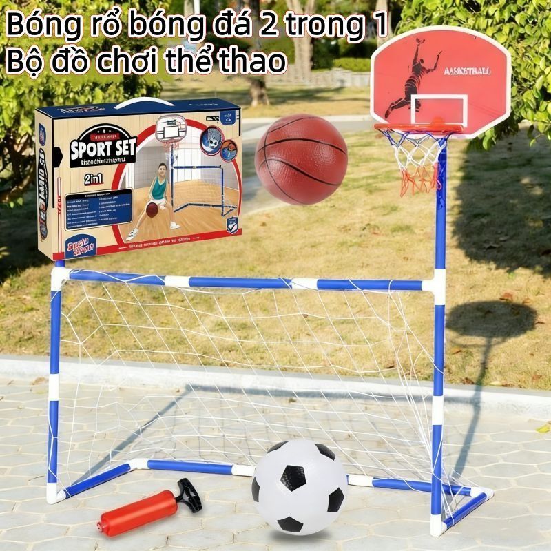 Bộ đồ chơi thể thao bóng rổ trẻ em 2 trong 1，Set đồ chơi khung thành bóng đá kèm vành bóng rổ mới nhất