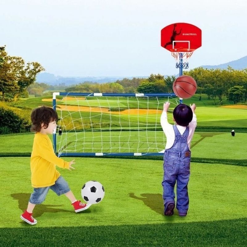 Bộ đồ chơi thể thao bóng rổ trẻ em 2 trong 1，Set đồ chơi khung thành bóng đá kèm vành bóng rổ mới nhất
