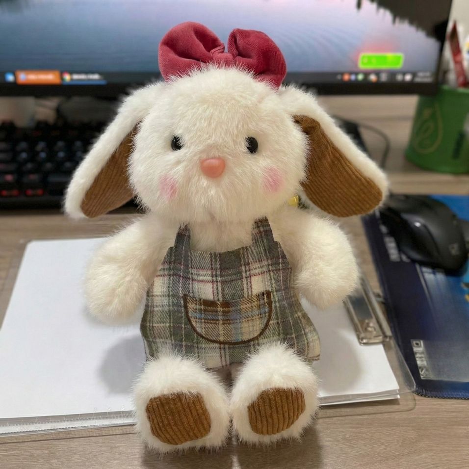 Gấu Bông Thỏ Đeo Yếm Kẻ Lông Tuyết Trắng Siêu Dễ Thương, Thỏ Bông Má Hống Đáng Yêu 33Cm Quà Tặng Cho Bé,Bạn Gái