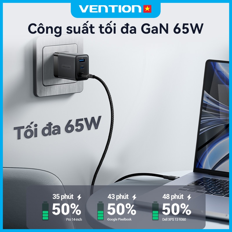 Củ Sạc Nhanh GaN 65W Vention 2 USB-C 1 USB-A PD 3.0 QC 4.0 Cho Phone Samsung Pad MatBook Laptop