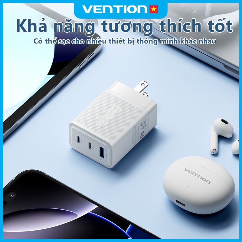 Củ Sạc Nhanh GaN 65W Vention 2 USB-C 1 USB-A PD 3.0 QC 4.0 Cho Phone Samsung Pad MatBook Laptop