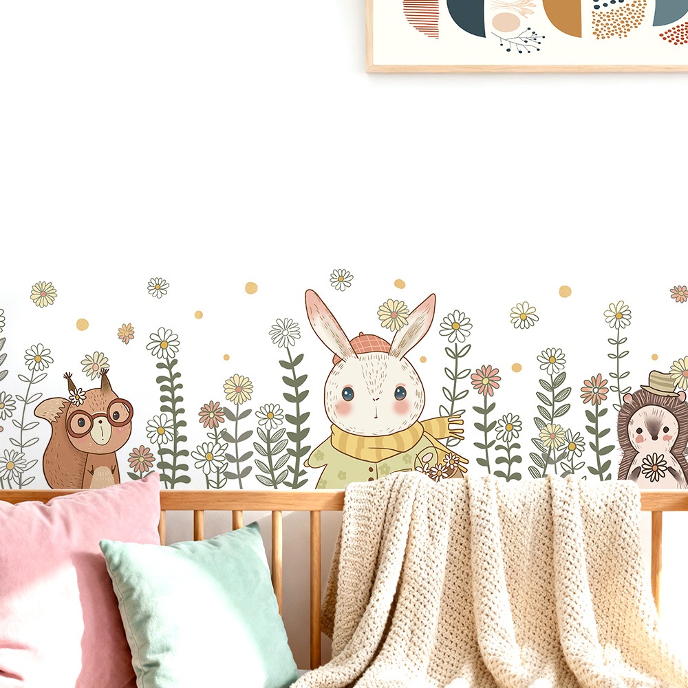 Decal Dán Tường Thỏ Cùng Sóc Nhím Trong Vườn Hoa Có Keo Sẵn 161x39cm - Trang Trí Nhà Cửa