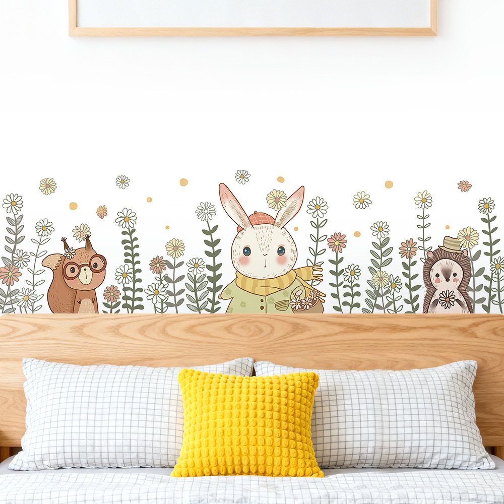 Decal Dán Tường Thỏ Cùng Sóc Nhím Trong Vườn Hoa Có Keo Sẵn 161x39cm - Trang Trí Nhà Cửa