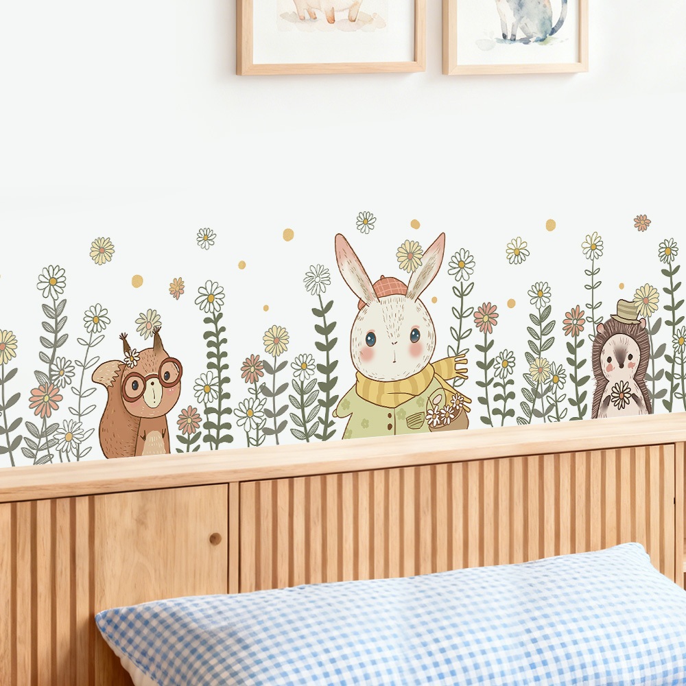 Decal Dán Tường Thỏ Cùng Sóc Nhím Trong Vườn Hoa Có Keo Sẵn 161x39cm - Trang Trí Nhà Cửa