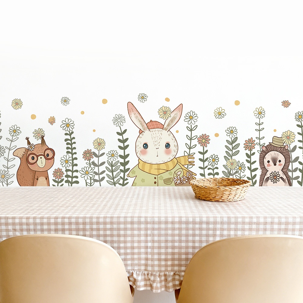 Decal Dán Tường Thỏ Cùng Sóc Nhím Trong Vườn Hoa Có Keo Sẵn 161x39cm - Trang Trí Nhà Cửa