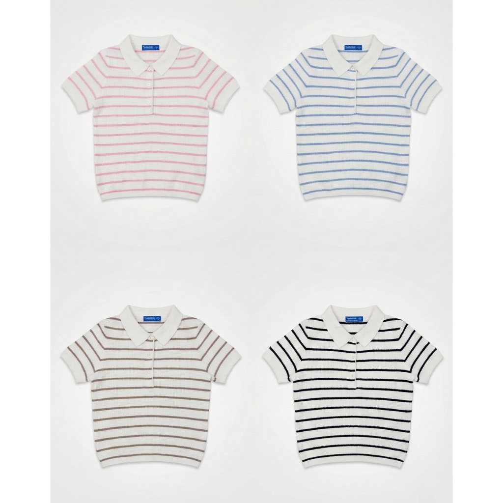 TheBlueTshirt - Áo len polo tay cộc phối kẻ sọc phom regular cho nữ - Knit Polo