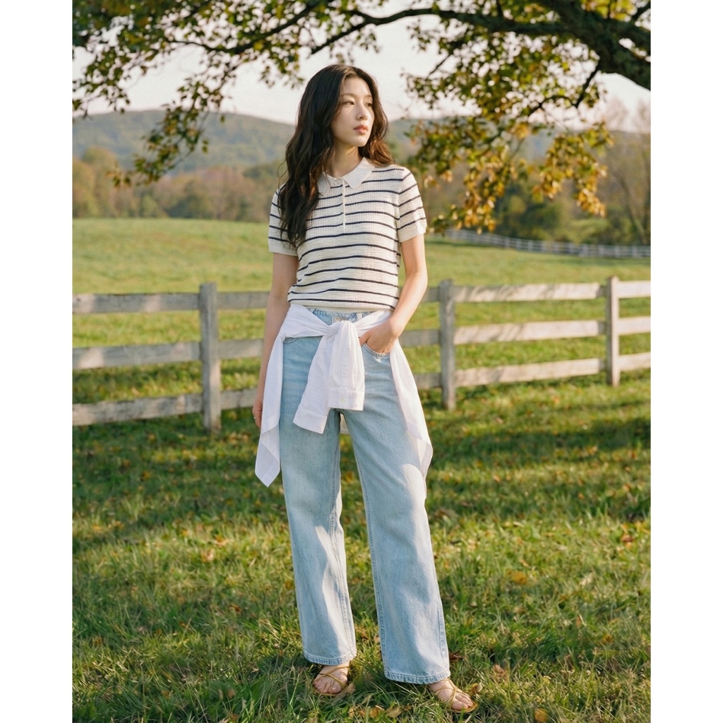 TheBlueTshirt - Áo len polo tay cộc phối kẻ sọc phom regular cho nữ - Knit Polo