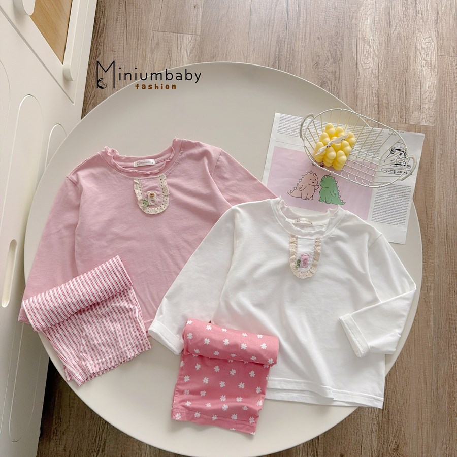 Set bộ dài tay bé gái Miniumbaby, set bộ thu đông bé gái ngực đính nơ hoa chất cotton mềm mịn SB2569