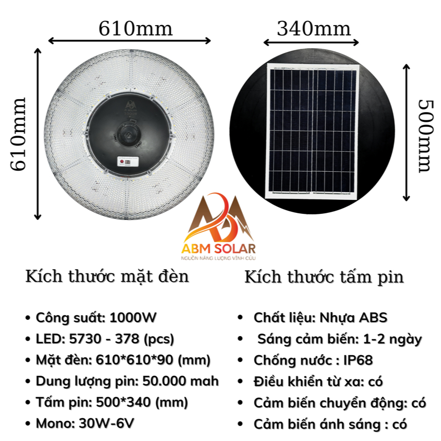 [800W] Đèn UFO Năng Lượng Mặt Trời ABMSOLAR , Toả Sáng 360 Độ, Chống Nước IP68, Cảm Biến Chuyển Động