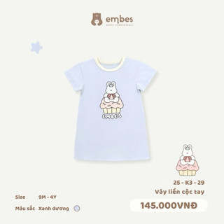 Váy Cho Bé Gái Embes, Váy Liền Cộc Tay Hình In Ngực Chất Cotton Thun Lạnh Cho Bé Gái Size Từ 8-18Kg