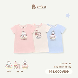 Váy Cho Bé Gái Embes, Váy Liền Cộc Tay Hình In Ngực Chất Cotton Thun Lạnh Cho Bé Gái Size Từ 8-18Kg