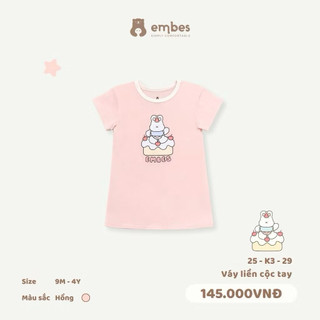 Váy Cho Bé Gái Embes, Váy Liền Cộc Tay Hình In Ngực Chất Cotton Thun Lạnh Cho Bé Gái Size Từ 8-18Kg