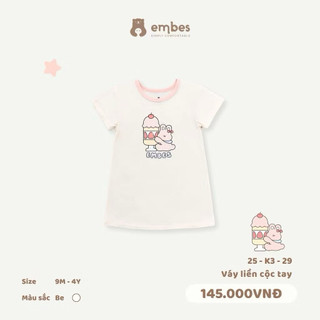 Váy Cho Bé Gái Embes, Váy Liền Cộc Tay Hình In Ngực Chất Cotton Thun Lạnh Cho Bé Gái Size Từ 8-18Kg