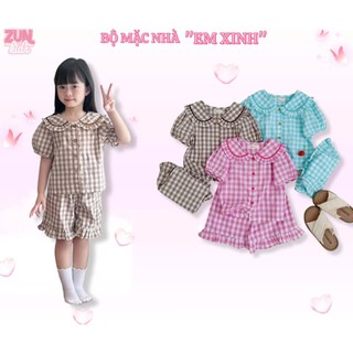 Bộ đồ mặc nhà bé gái caro cotton AZB573 – Áo cổ lá sen bèo xinh xắn, quần lưng thun mềm