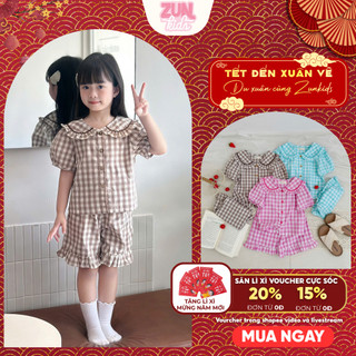 Bộ đồ mặc nhà bé gái caro cotton AZB573 – Áo cổ lá sen bèo xinh xắn, quần lưng thun mềm