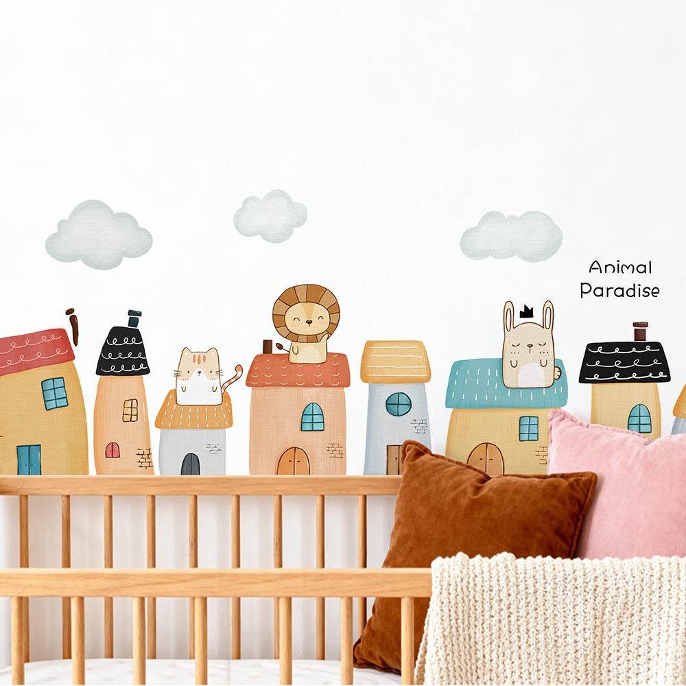 Decal Dán Tường Ngôi Nhà Thiên Đường Động Vật Có Keo Sẵn 161x50cm –Trang Trí Phòng Phong Cách Bắc Âu
