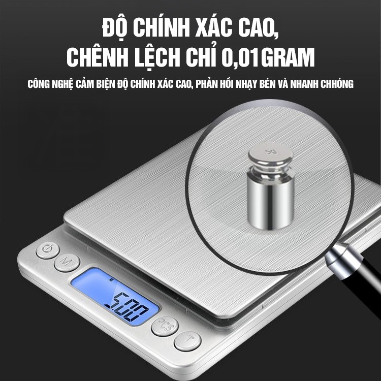 Kaleis Cân điện tử nhà bếp 0.01g 3kg cân thực phẩm độ chính xác cao sạc pin/dùng pin