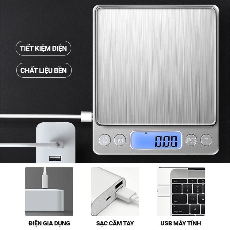 Kaleis Cân điện tử nhà bếp 0.01g 3kg cân thực phẩm độ chính xác cao sạc pin/dùng pin