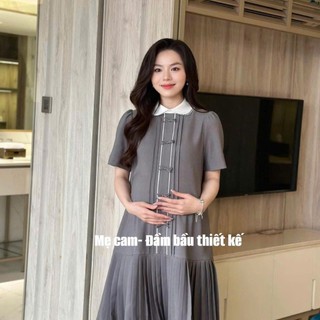 Váy bầu công sở thiết kế dáng xuông đuôi cá xếp ly phối cổ trắng , trên thân có nẹp giả đính nơ trang trí siêu xinh