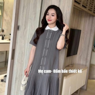 Váy bầu công sở thiết kế dáng xuông đuôi cá xếp ly phối cổ trắng , trên thân có nẹp giả đính nơ trang trí siêu xinh
