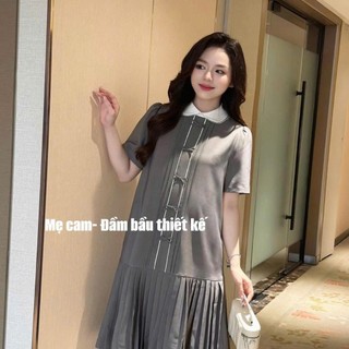 Váy bầu công sở thiết kế dáng xuông đuôi cá xếp ly phối cổ trắng , trên thân có nẹp giả đính nơ trang trí siêu xinh