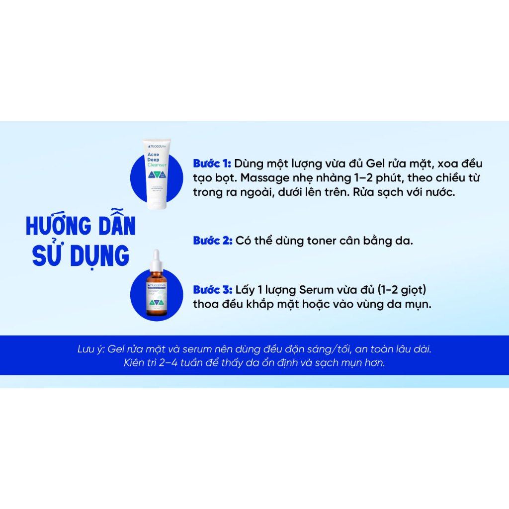 Bộ đôi làm sạch sâu giảm mụn nhanh gel rửa mặt & serum sáng da mờ thâm 30ml Trioderma