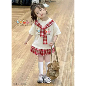 Sét váy MLS áo thun choàng cổ kèm chân váy caro tầng cho bé gái từ 10-45kg(2-12 tuổi)
