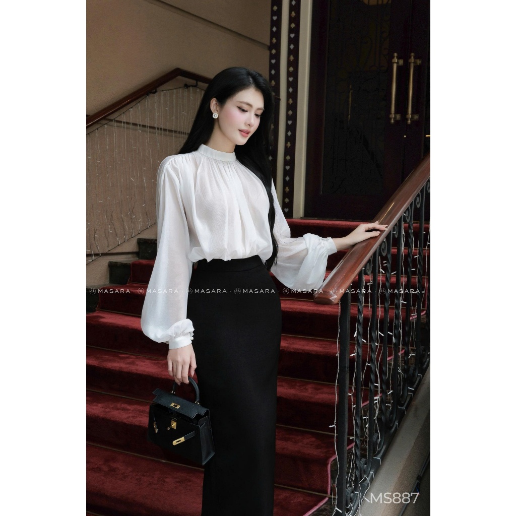 Set áo tằm ướt trắng phối chân váy dài phong cách công sở Masara MS887